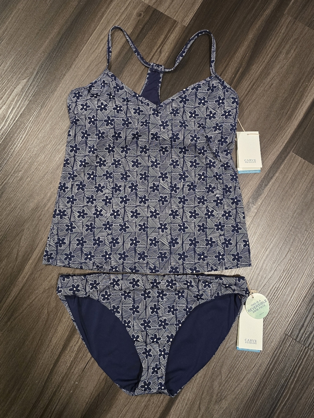 NWT - CARVE DESIGNS Tankini & Reversible Bikini Bottom, Daisy/Navy, Size Large